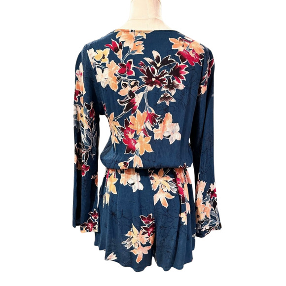 Lulus Teal Green Floral V Neck Faux Wrap Long Sleeve Romper Medium - Picture 7 of 10